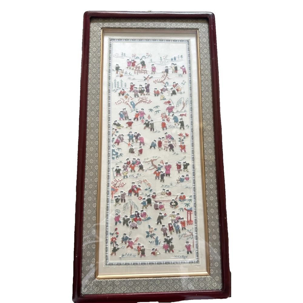 Vintage 100 Happy Children Playing Embroidered Chinese Silk Wall Tapestry Framed